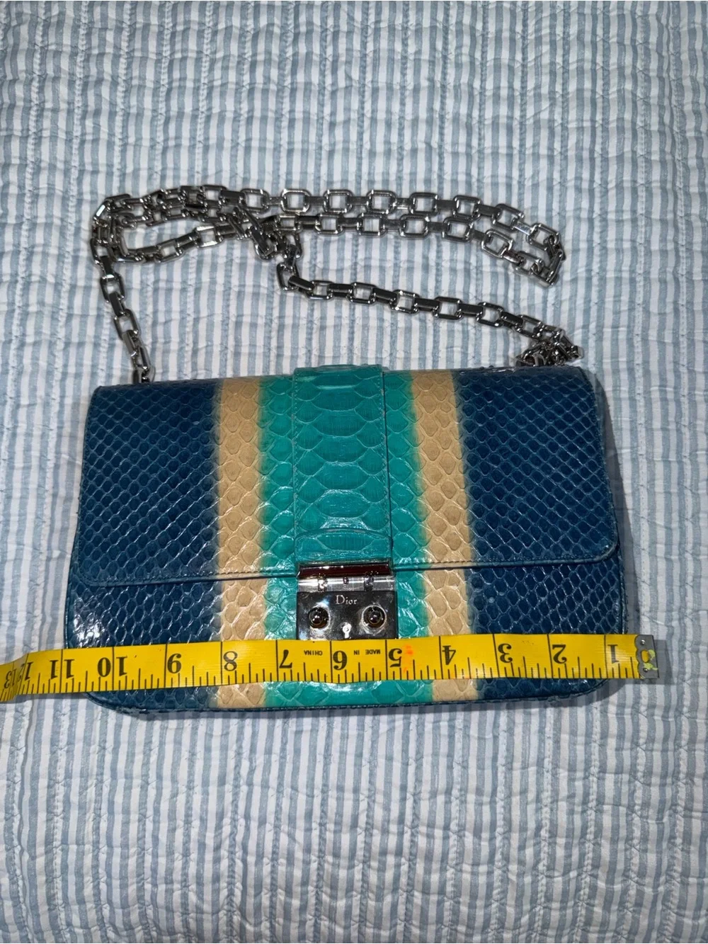 Cristian Dior Blue Teal Cream Python-Embossed Crossbody Bag